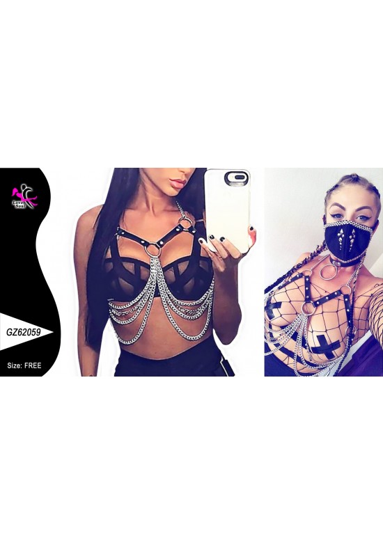 Harness sujetador femenino negro con cadenas plateadas colgantes