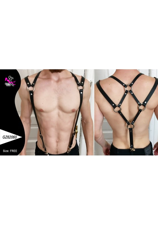 Harness de pecho masculino negro con anillas metálicas, vista frontal y trasera