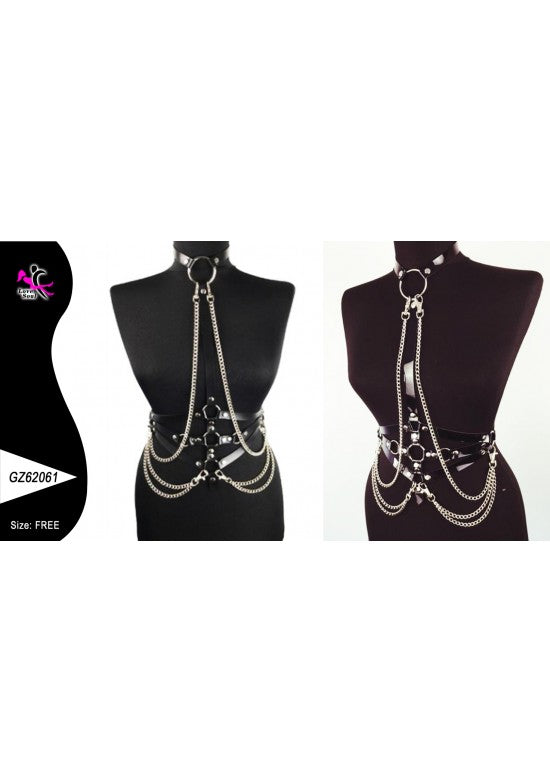 Harness corporal negro con cadenas plateadas visto de frente y espalda