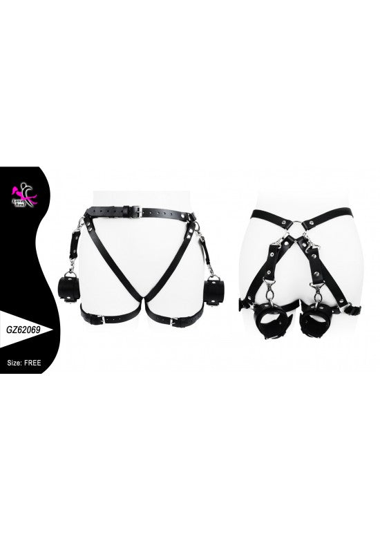 Harness negro de cintura con correas en V y esposas acolchadas para tobillos