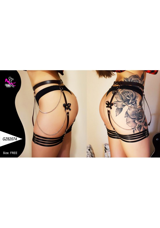 Harness negro de cadera con cadenas plateadas y lazos para mujer