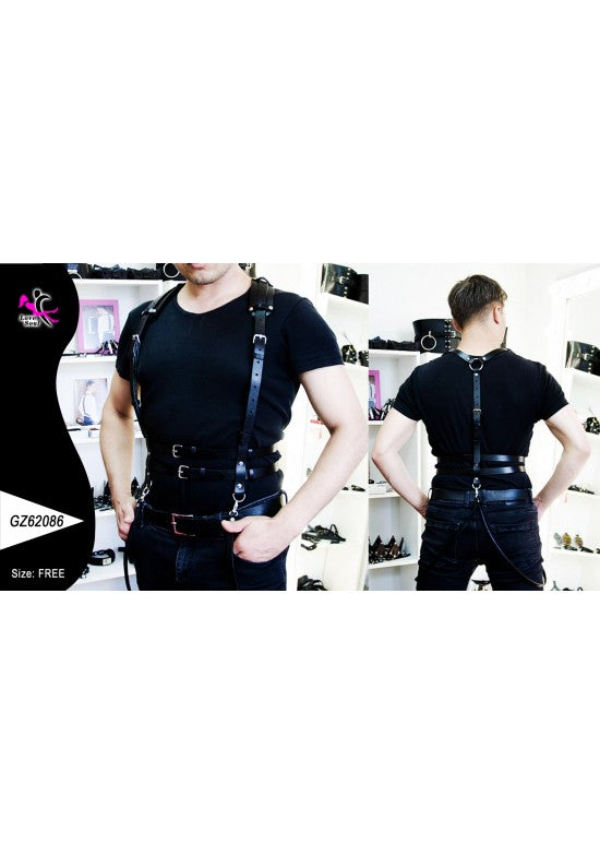 Arnés de torso masculino negro con hebillas y anilla dorsal, visto de frente y de espalda