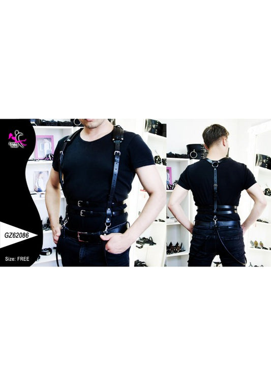 Arnés de torso masculino negro con hebillas y anilla dorsal, visto de frente y de espalda