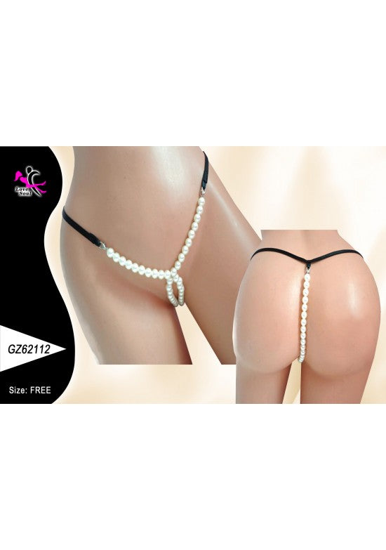 Tanga de hilo negro con cadena de perlas sintéticas delantera y trasera