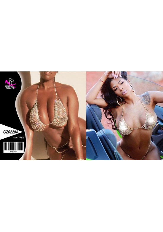 Bikini joya femenino dorado compuesto por cadenas y strass