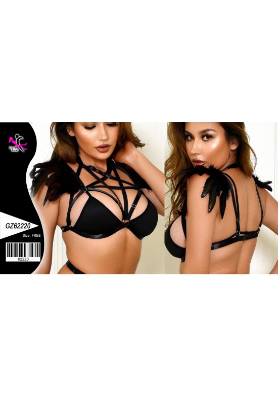 Harness de pecho negro con plumas decorativas y tiras elásticas cruzadas