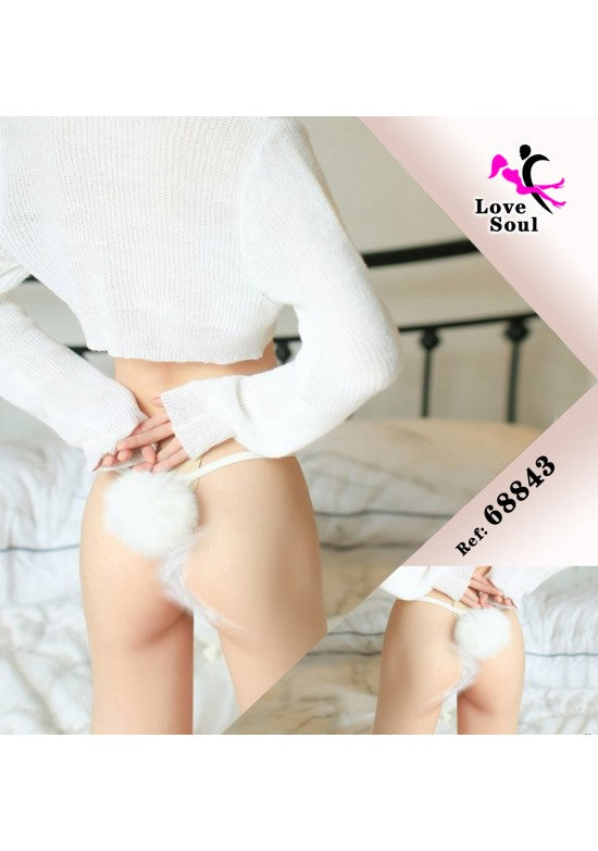 Tanga blanco de encaje con pompón decorativo trasero