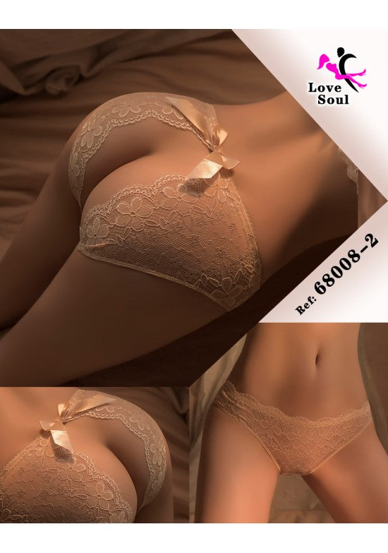 Tanga de encaje floral color nude con lazo satinado