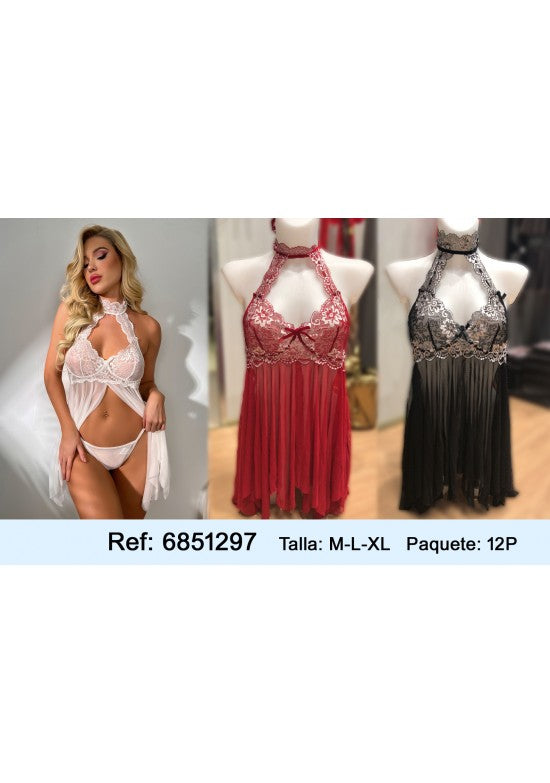 Babydoll de cuello halter con encaje floral y falda de tul en blanco, rojo y negro