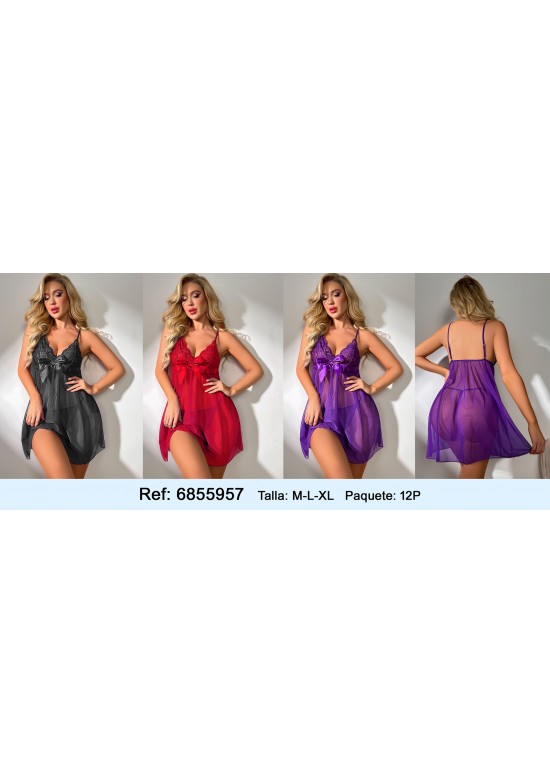 Baby doll de tul transparente con lazo de satén en cuatro colores