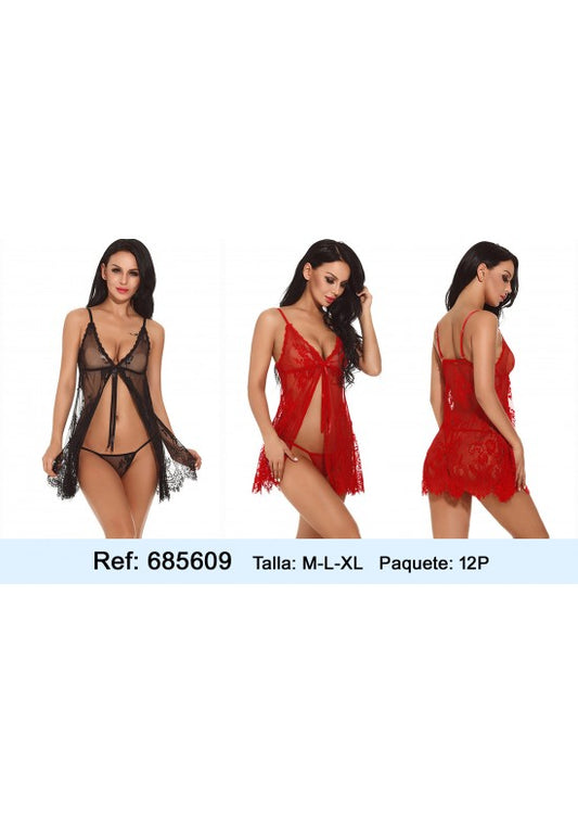 Babydoll de encaje abierto con tanga a juego en negro y rojo