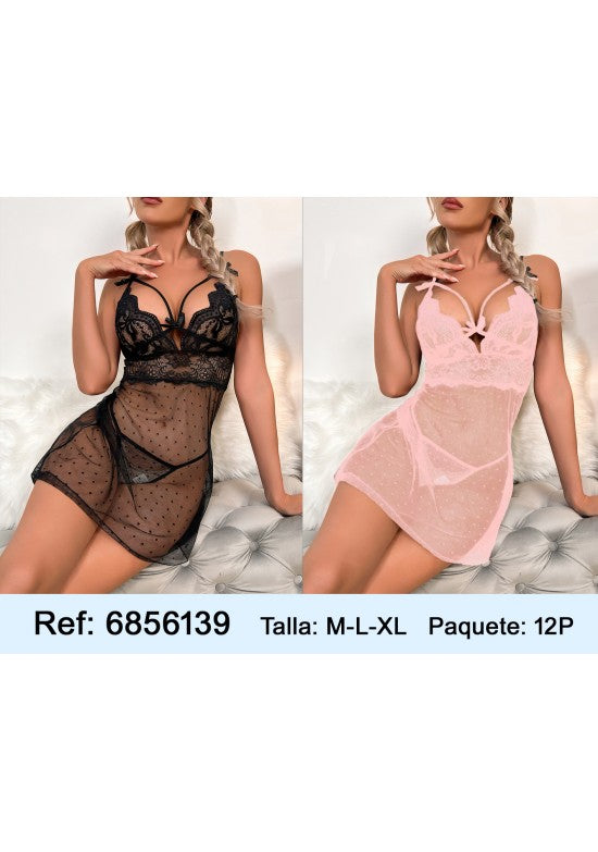 Camisón corto de lencería en tul con encaje en negro y rosa