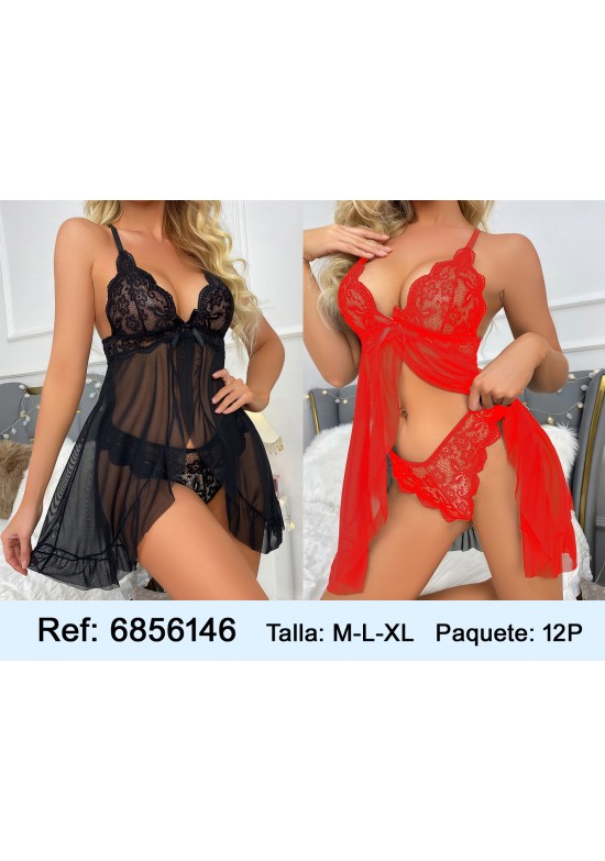 Baby doll de lencería con encaje y tul en negro y rojo