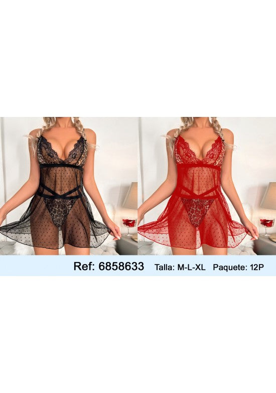 Babydoll de tul con lunares y encaje floral en negro y rojo