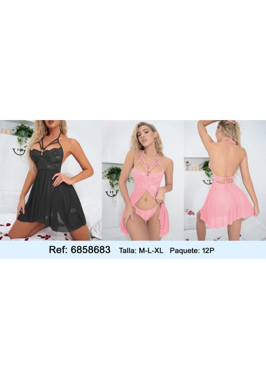 Babydoll halter negro y rosa con abertura frontal en encaje y tul