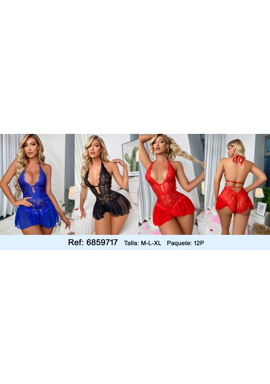 Babydoll halter de encaje con falda de tul en azul, negro y rojo