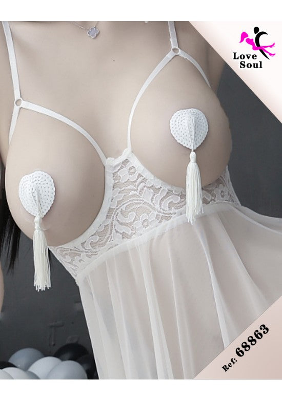 Baby doll blanco de tul con encaje y nipple covers redondos con borla blanca