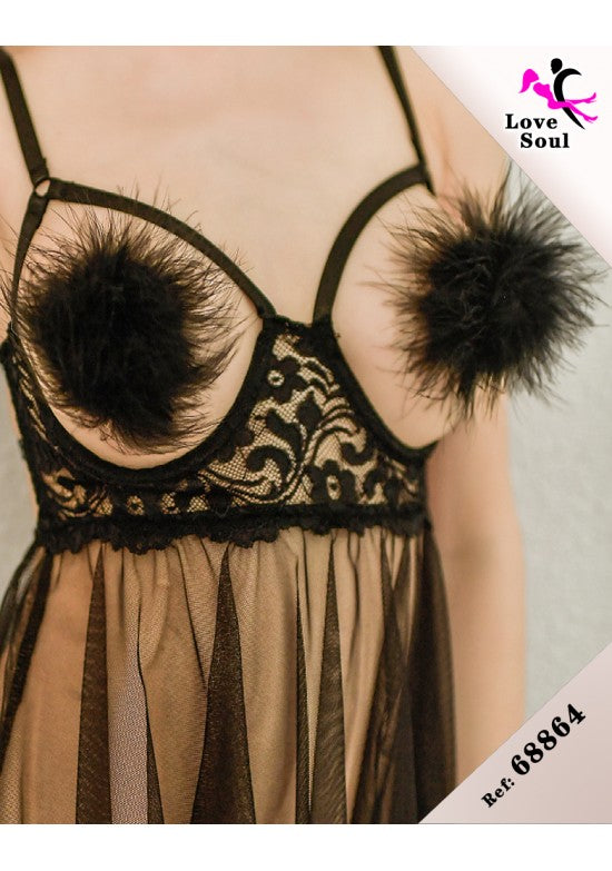Baby doll negro de tul con copa de plumas marabú negras y encaje barroco