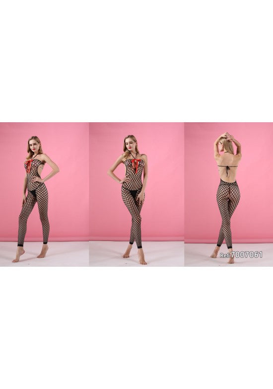 Bodystocking enterizo negro de malla red grande con lazo rojo en el pecho