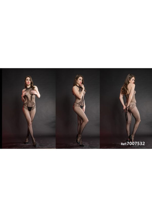 Bodystocking femenino de red negra con banda de encaje floral en la cintura
