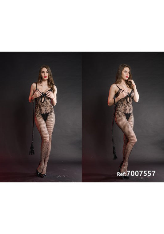 Bodystocking negro con bordado barroco en el torso y medias de rejilla con borlas decorativas