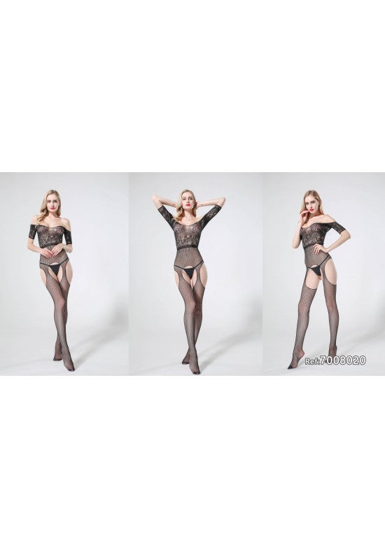 Bodystocking negro de encaje floral con hombros descubiertos y efecto liguero