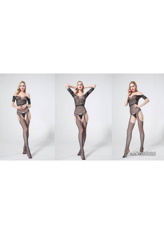 Bodystocking negro de encaje floral con hombros descubiertos y efecto liguero