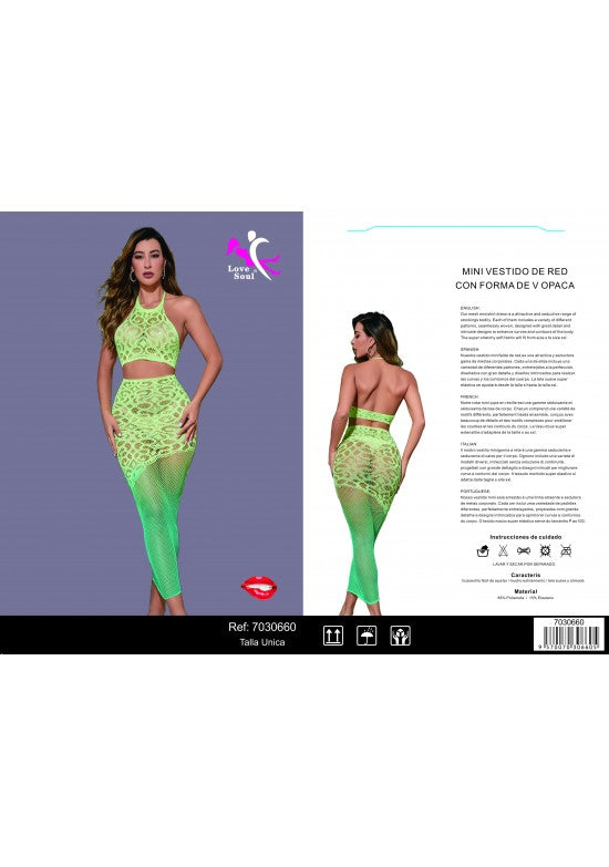 Mini vestido de red verde neón con escote halter y panel opaco en V, visto de frente y de espaldas