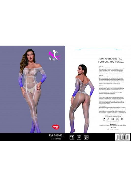 Body de red semitransparente blanco con mangas largas en color lila, talla única