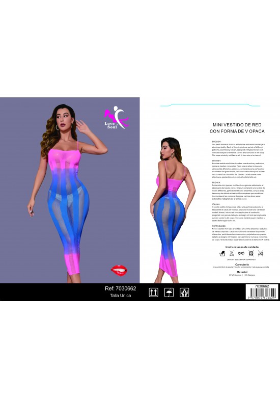 Vestido largo de red bicolor rosa y azul con tirantes, talla única