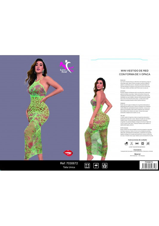 Vestido largo de red verde neón con detalles en fucsia y escote halter