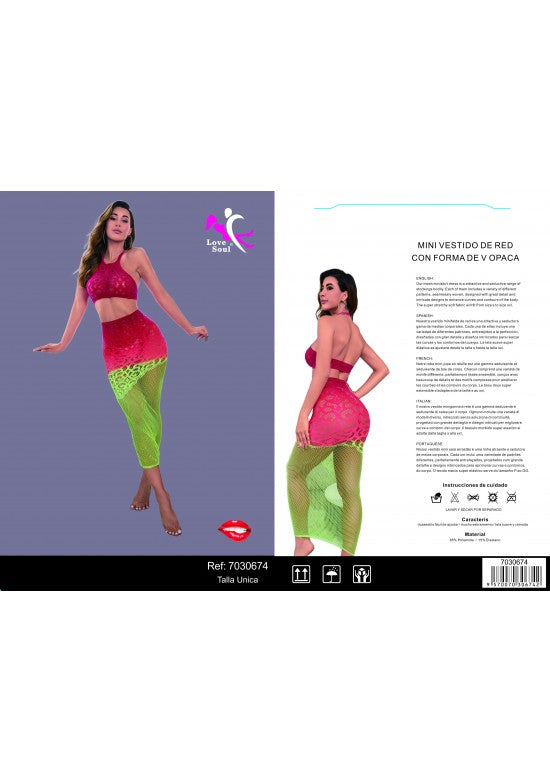 Conjunto de red bicolor fucsia y verde lima con top halter y leggings para mujer