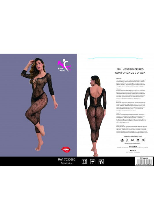 Bodystocking de encaje floral negro con cordones decorativos y espalda abierta, talla única