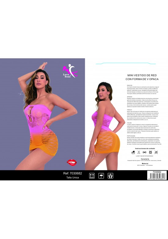 Mini vestido de red bicolor rosa y naranja con escote en V para mujer