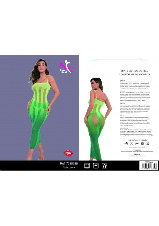 Vestido largo de red con rayas opacas verticales color verde neón, talla única