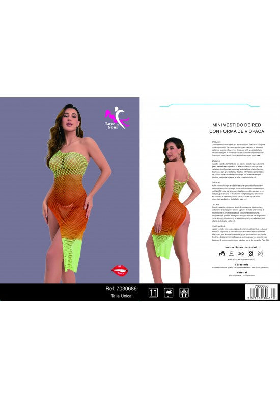 Mini vestido de red sin tirantes degradado naranja a verde con abertura lateral