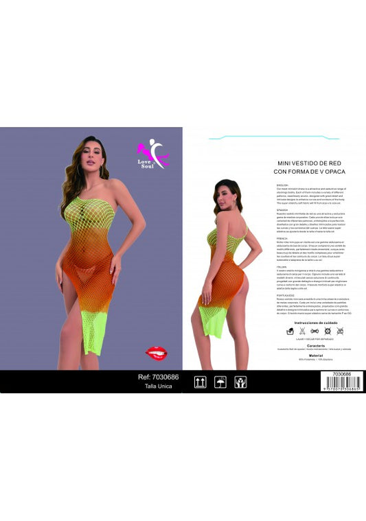 Mini vestido de red sin tirantes degradado naranja a verde con abertura lateral