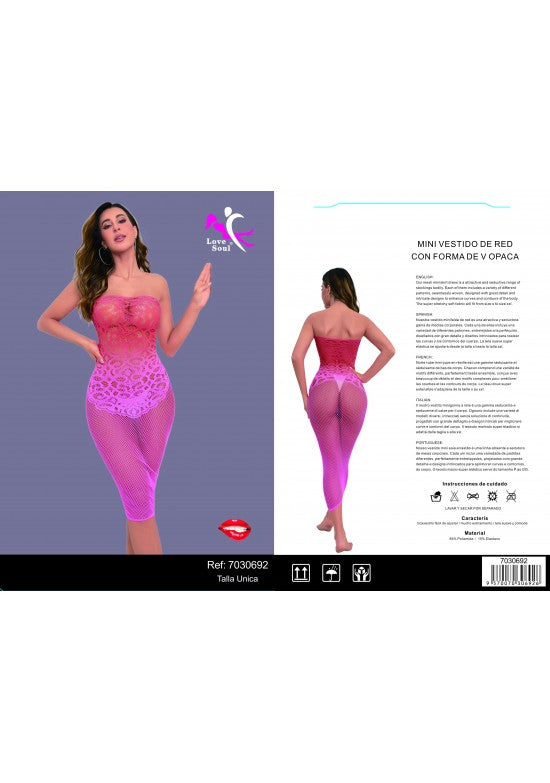 Mini vestido de red rosa fucsia con degradado y encaje sin tirantes