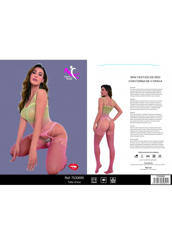 Conjunto de lencería de red rosa con body de tirantes y medias efecto liguero