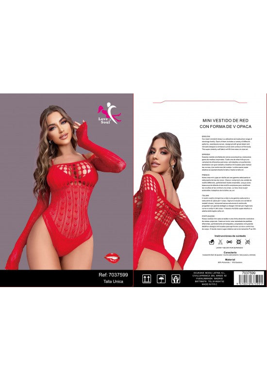 Body de red rojo con guantes largos integrados para mujer