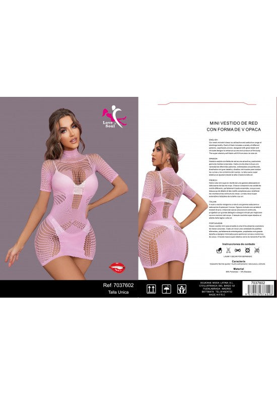 Mini vestido de red rosa con cuello alto y manga corta para mujer