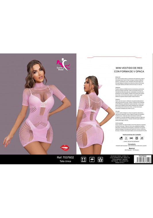 Mini vestido de red rosa con cuello alto y manga corta para mujer
