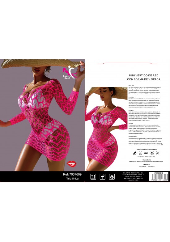 Mini vestido de red rosa neón manga larga con escote V opaco, talla única