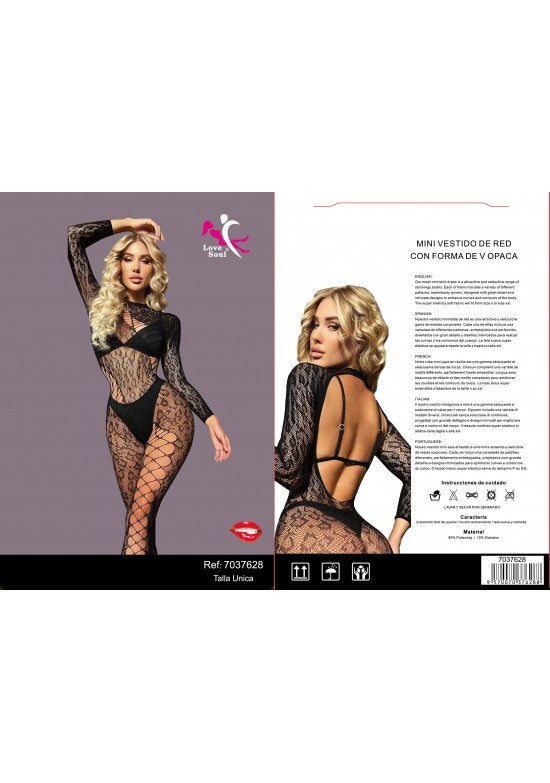 Bodystocking de red negra con escote en V y manga larga talla única