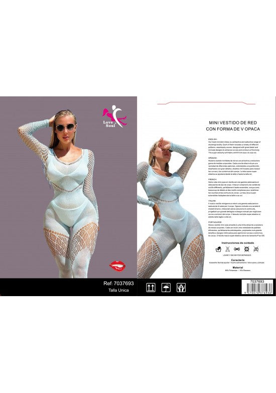 Body enterizo de red blanco manga larga con diseño calado