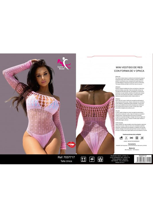 Body de red rosa con escote asimétrico de un hombro y manga larga
