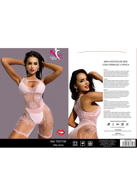 Mini vestido de lencería de red rosa palo con cuello alto para mujer