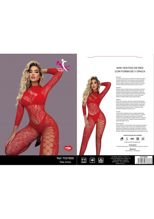 Bodystocking de red roja cuerpo entero con escote V para mujer