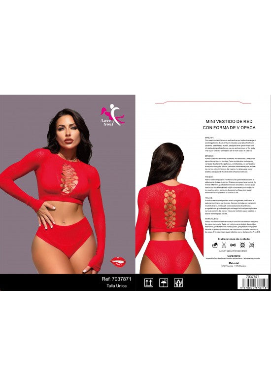 Mini vestido de red rojo con escote V y mangas largas para mujer