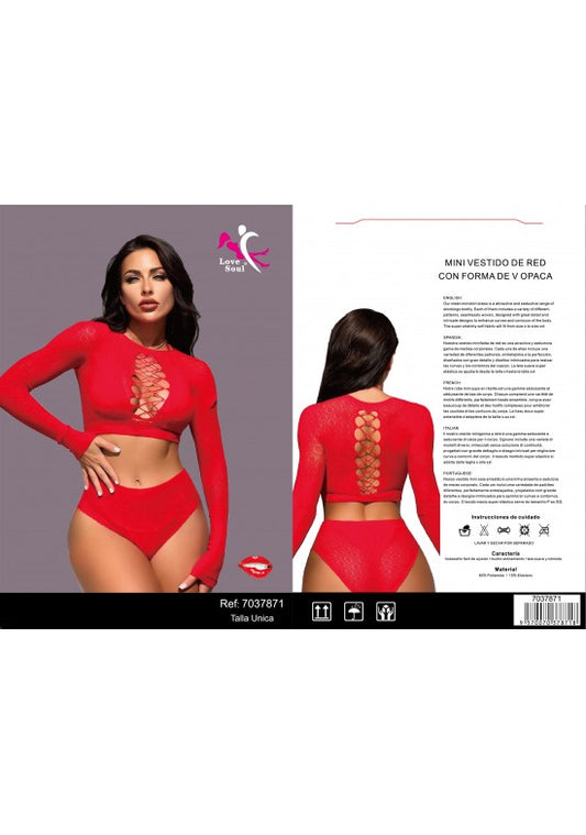 Mini vestido de red rojo con escote V y mangas largas para mujer